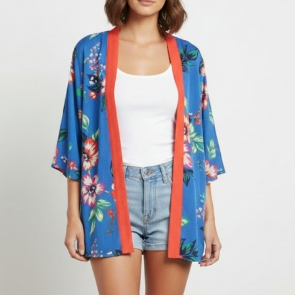 IMAN Blue and Red Floral Cardigan, Light Blazer, Cover Size Small